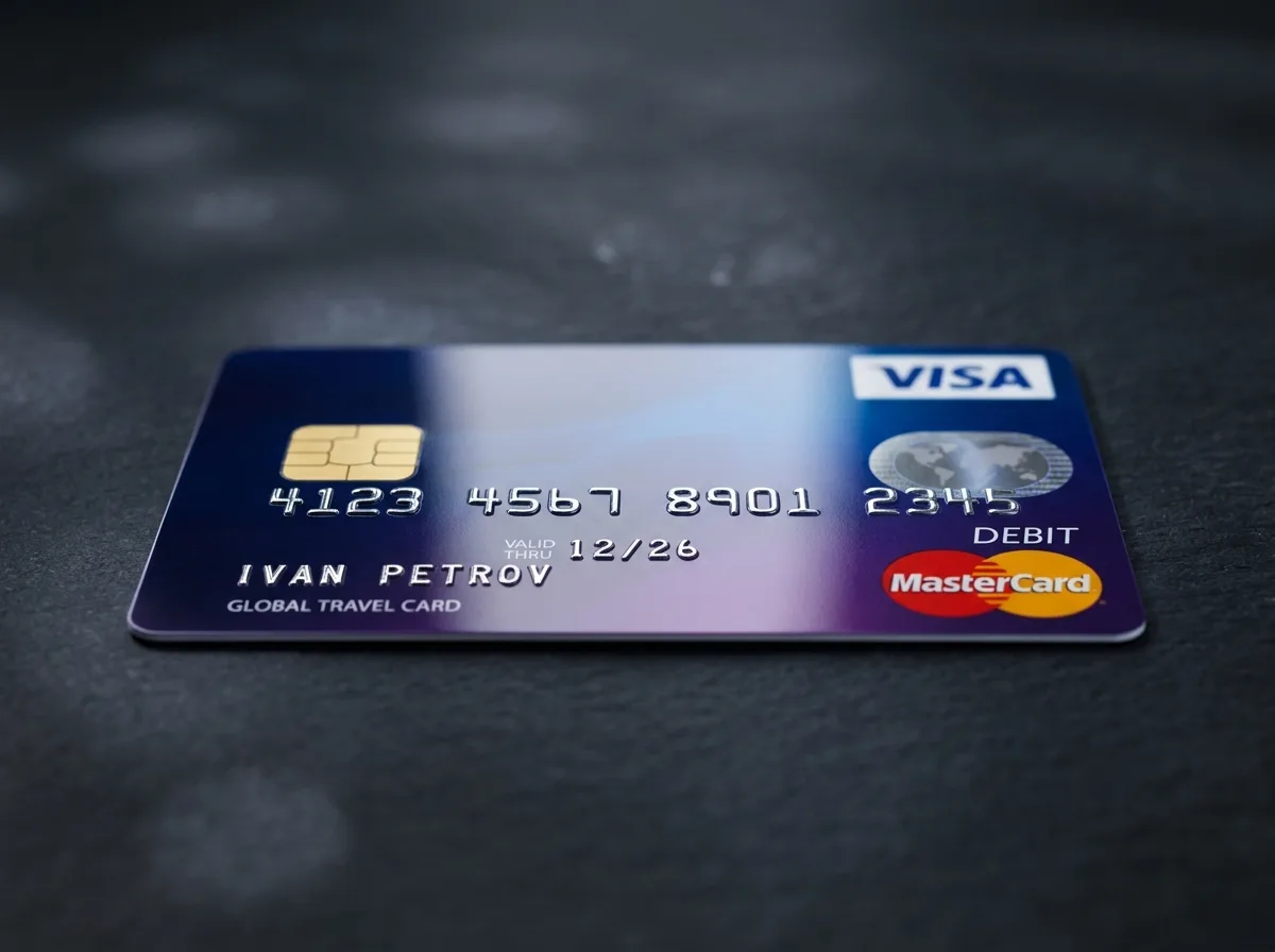 Пластиковая зарубежная карта Visa Mastercard для россиян на тёмном фоне, профессиональная студийная съёмка, акцент на глянцевую поверхность карты