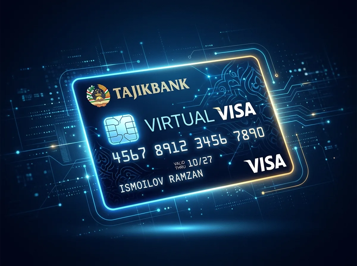 Виртуальная карта Visa банка Таджикистана на тёмно-синем фоне, цифровая иллюстрация без физического носителя