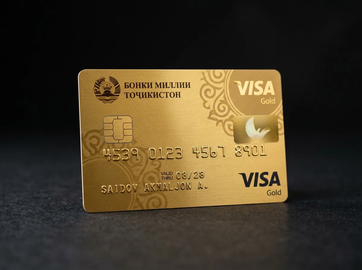 Золотая пластиковая карта Visa Gold банка Таджикистана, студийная съёмка на тёмном фоне с мягким светом