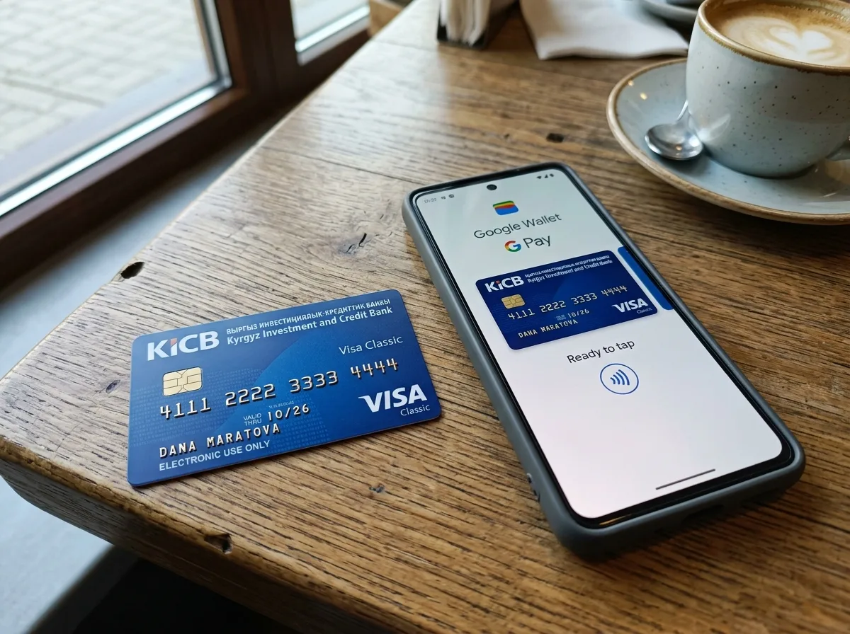 Классическая пластиковая карта Visa банка Кыргызстана, синяя цветовая гамма, лежит на столе рядом со смартфоном с Google Pay