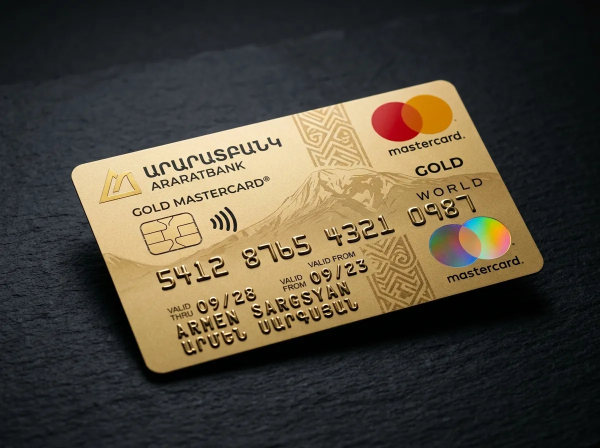 Золотая именная карта Mastercard Gold армянского банка, крупный план на тёмном фоне, надпись держателя карты, профессиональное освещение
